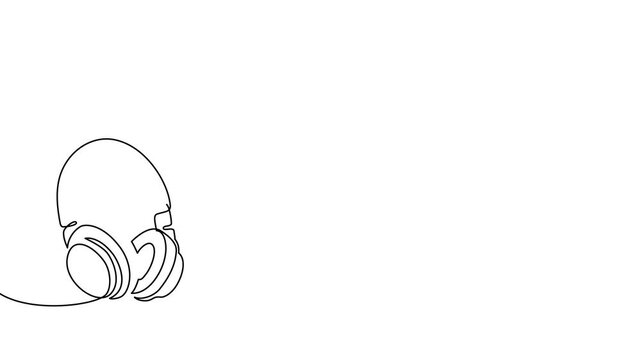 Continuous line art drawing of headphones and microphone. Modern one-line illustration perfect for music podcast, radio show, DJ studio poster, or audio recording media banner design.