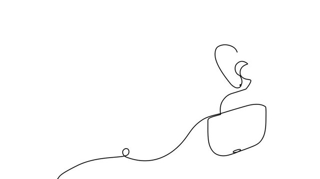 One line drawing captures headphones with mic in minimalist art style. Ideal for podcast, radio broadcast, music recording icon or DJ media banner design.
