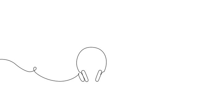 Continuous line art drawing of headphones and microphone. One-line podcast recording icon for radio, music, DJ media posters, hand-drawn doodle illustration style.