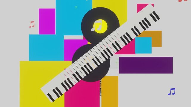 Musical  horizontal colorful squares rectangle white background flying out music notes audio pulse beats abstract 10 seconds animation screensaver visualiser motion graphics HD video 