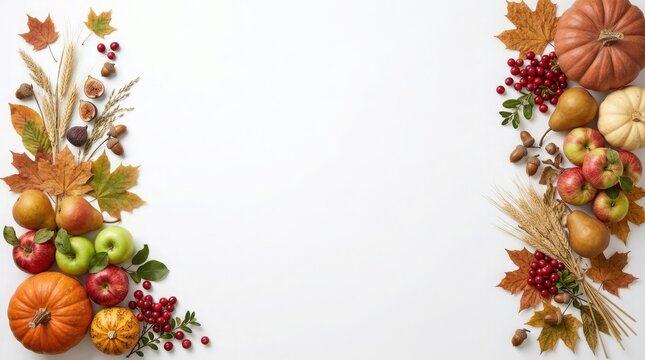 Autumn harvest border with pumpkins apples and foliage on a white background