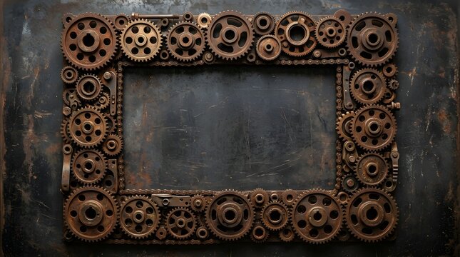 Steampunk style rectangular frame made of various rusty metal gears and cogs on a dark textured background