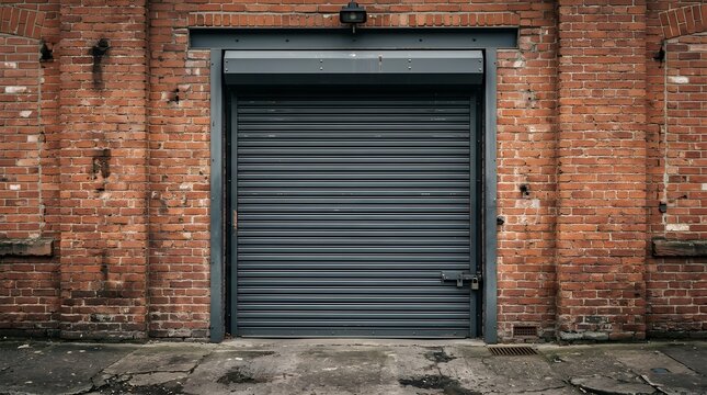 Industrial metal roller shutter door on a weathered red brick building facade