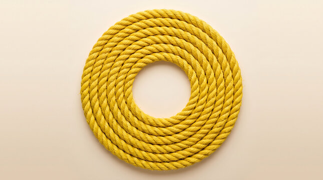 Yellow rope coiled in a circle on a light cream background