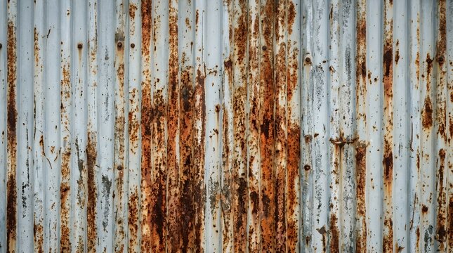 Corrugated metal sheet with vertical rust streaks and peeling paint showing signs of longterm environmental exposure
