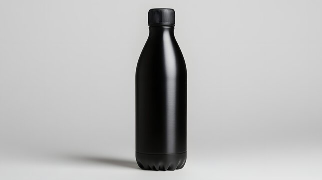 Blank Black Plastic Bottle Mockup with Ribbed Base and Cap on Light Gray Background