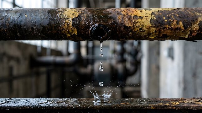 Old rusty metal pipe leaking water in abandoned industrial factory building