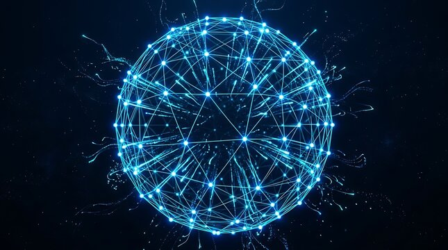 Abstract network sphere of glowing blue lines and nodes on a dark background