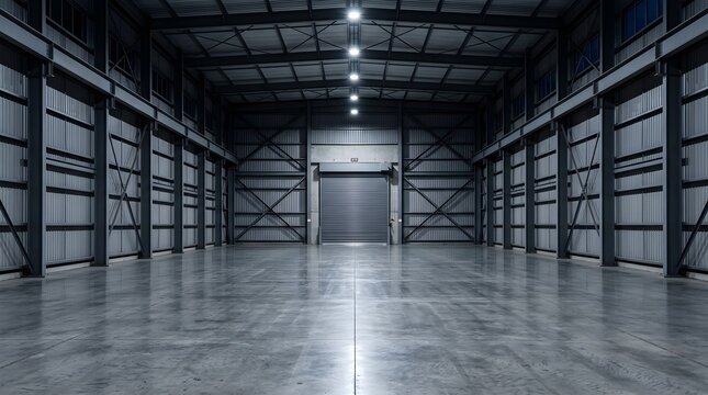 Large empty industrial warehouse with high ceilings, polished concrete floor, and steel structure