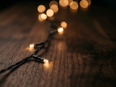 Glowing fairy lights on a dark wooden surface for festive holiday