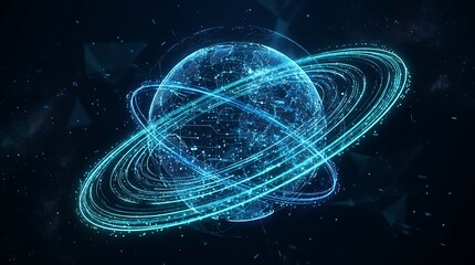 Fototapeta premium Digital earth with glowing network connections and orbiting rings on a dark blue background