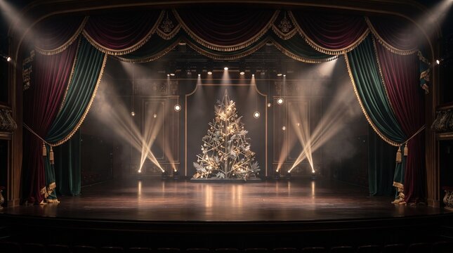 Christmas tree on a theatrical stage with red and green velvet