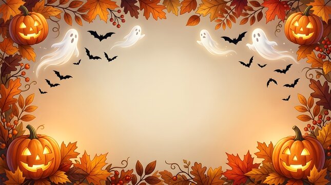 Festive halloween background featuring cute ghosts and jack-o-lanterns with autumn leaves and bats