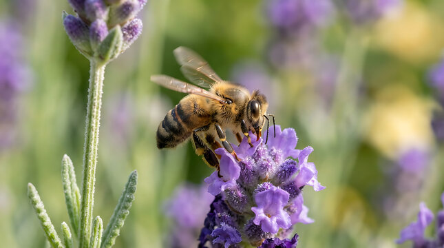 Bee pollinating lavender flower in garden with transparent background