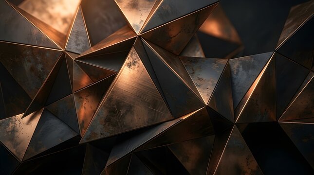 Abstract geometric background featuring complex 3d metallic triangular shapes with a weathered bronze and dark steel texture