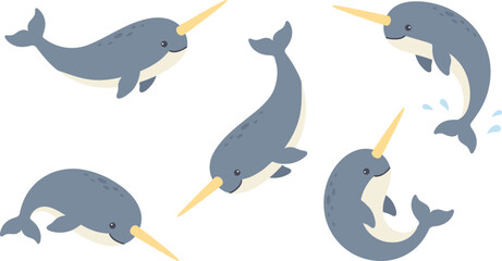 Cute cartoon narwhal character set, swimming arctic whale, vector sea animal illustration collection © VectoVerse