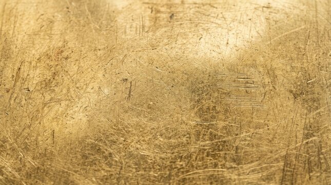 Close up of a scratched gold metallic surface with a rough and textured appearance