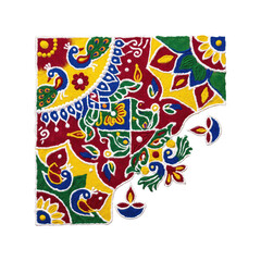 Fototapeta premium Colorful rangoli design corner with peacock and diya pattern isolated on transparent background