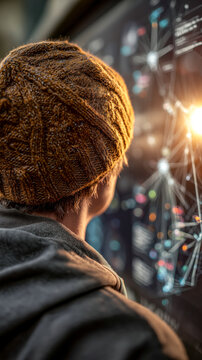 Person Wearing Beanie Gazing at Complex Digital Interface