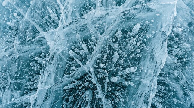Close up of intricate cracked blue ice texture with trapped air bubbles on a frozen surface