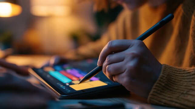Designer using stylus on digital tablet with modular color blocks in warm studio