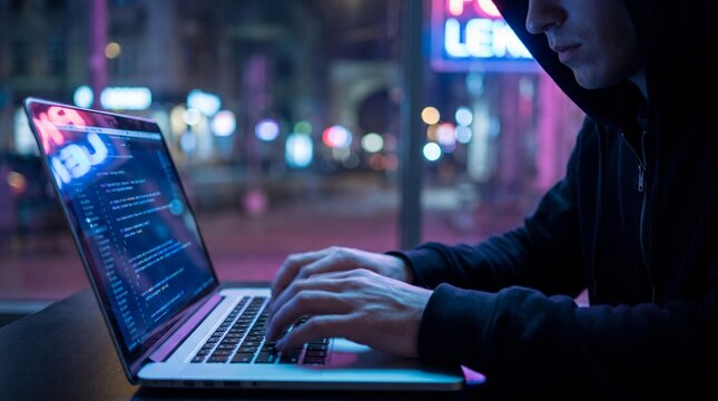 Hacker typing code on laptop in city at night