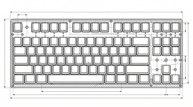 Technical blueprint of a computer keyboard layout with dimension lines