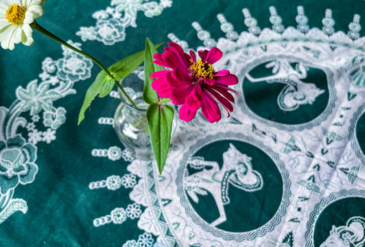 Small glass vase holds a white daisy and a bright pink zinnia flower, placed on an ornate white lace tablecloth draped neatly over a rustic green outdoor table.