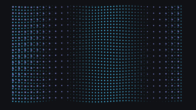 Abstract digital wave pattern made of glowing blue and purple matrix code dots on a dark background