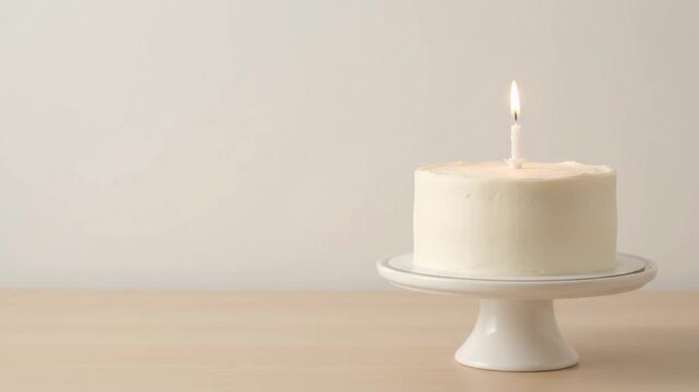 Minimalist birthday cake with single burning candle on stand over neutral background in high quality footage.