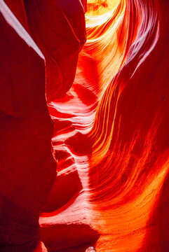 View of Antelope Canyon with smooth, flowing sandstone walls displaying vibrant orange and red hues illuminated by soft natural light in Coconino County, Arizona, United States.