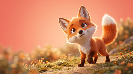 Obraz premium Cute cartoon fox cub walking happily in a meadow at sunset
