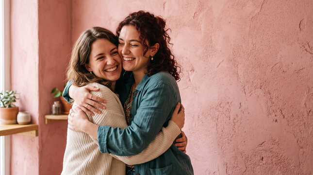 Two joyful women embracing warmly against a textured pink wall