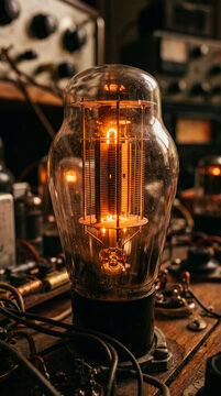 Glowing vintage radio valve tube in retro electronic workshop