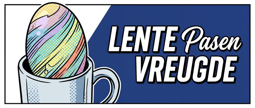 Pop art Easter egg banner with Dutch text Lente Pasen Vreugde retro comic style illustration in coffee mug spring joy holiday web header banner graphic design vector background template