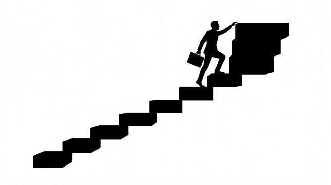 Silhouette of a businessman with a briefcase climbing up a set of stairs made of blocks representing career growth and achievement