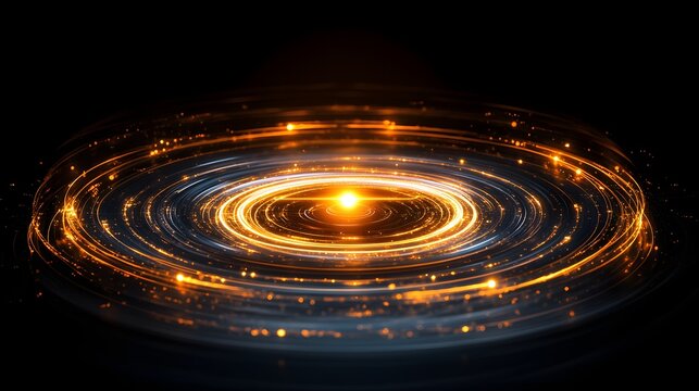 Glowing Golden Spiral Galaxy with Orbiting Light Trails on Black Background