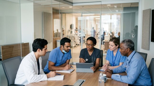 Diverse medical team discussing patient data on a digital tablet in a modern hospital conference room