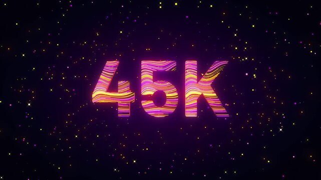 Dynamic 3D animation of a rotating 45K number with flowing purple, yellow, and magenta light trails, glowing particles, and cosmic sparkles creating a futuristic digital achievement scene.