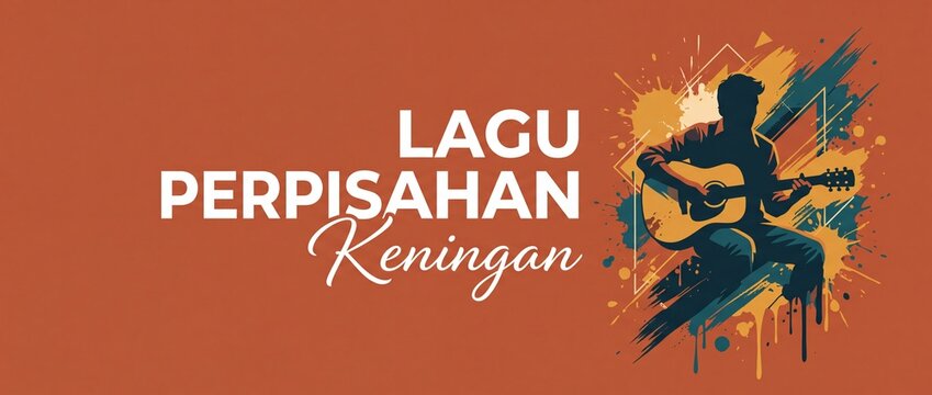 Acoustic guitar player silhouette vector banner illustration playing music on paint splash background with Indonesian text Lagu Perpisahan Kenangan for farewell music poster banner template design