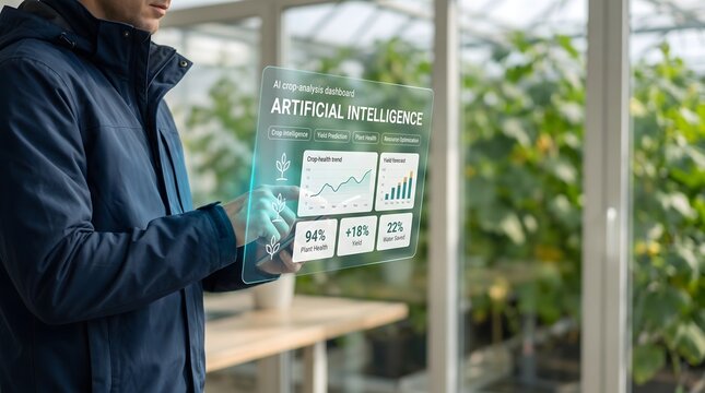 A man interacts with a futuristic holographic display seemingly analyzing data in a bright plant filled environment