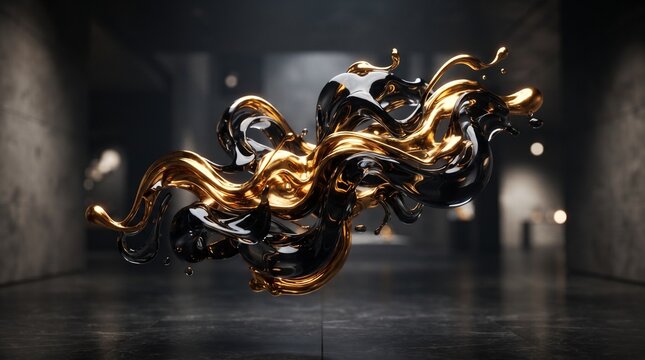 Abstract 3D illustration of flowing glossy black and metallic liquid gold splash swirling midair in a dark elegant room