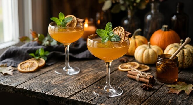 Elegant Autumn Golden Cocktail with Pumpkin, Mint and Seasonal Spices on Rustic Wooden Table
