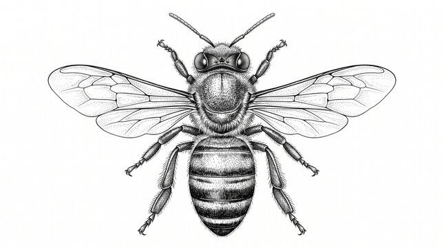 Detailed top-down illustration of a honey bee, showcasing its intricate anatomy, wings, and segmented body