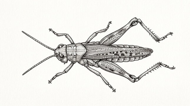 Detailed vintage style hand drawn grasshopper illustration on white background, black and white entomology sketch for nature and science projects