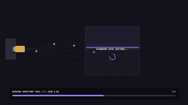 Concept animation of a USB flash drive inserting, scanning disk sectors, and mounting five folder directories on a computer interface.