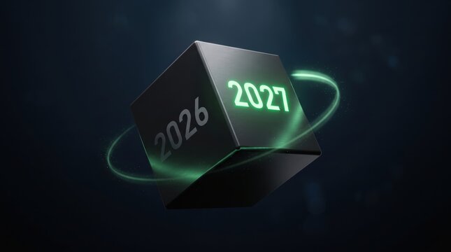 Futuristic cube displaying year twenty twenty seven with glowing green numbers floating in dark space