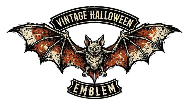 Vintage halloween bat emblem illustration with aged textured wings halloween creature illustration nocturnal decorative