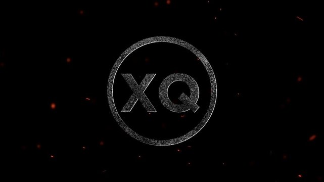 Abstract artistic logo design with the letters XQ inside a textured circular frame with floating embers