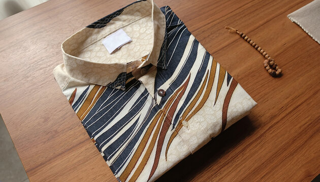 Folded Indonesian batik shirt with parang motif on wooden table